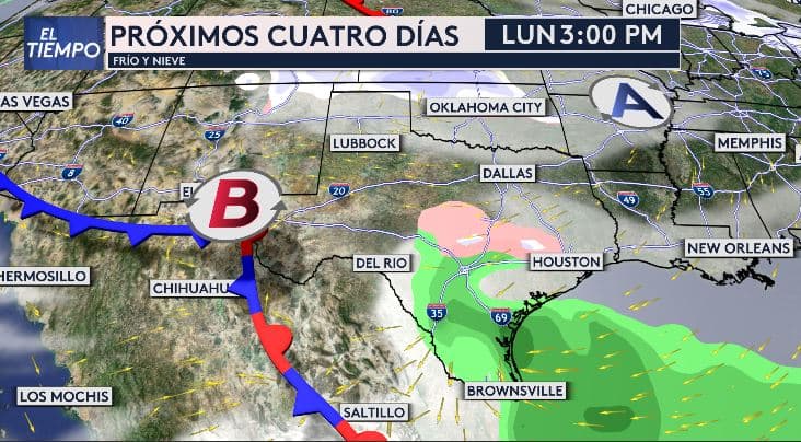 <b>Los próximos días </b>
<br>Este frente ártico tendrá mayor impacto el lunes y martes, las zonas del sur y este de Texas serán más propensas a experimentar 
<a href="https://www.univision.com/local/houston-kxln/pronostico-nieve-frente-frio-artico-houston" target="_blank">lluvia helada, aguanieve e incluso nieve, especialmente en ciudades como Austin, San Antonio y Houston, hacia el martes 21 de enero</a>.