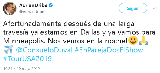"Afortunadamente después de una larga travesía ya estamos en Dallas y ya vamos para Minneapolis. ¡Nos vemos en la noche!", escribió el comediante.