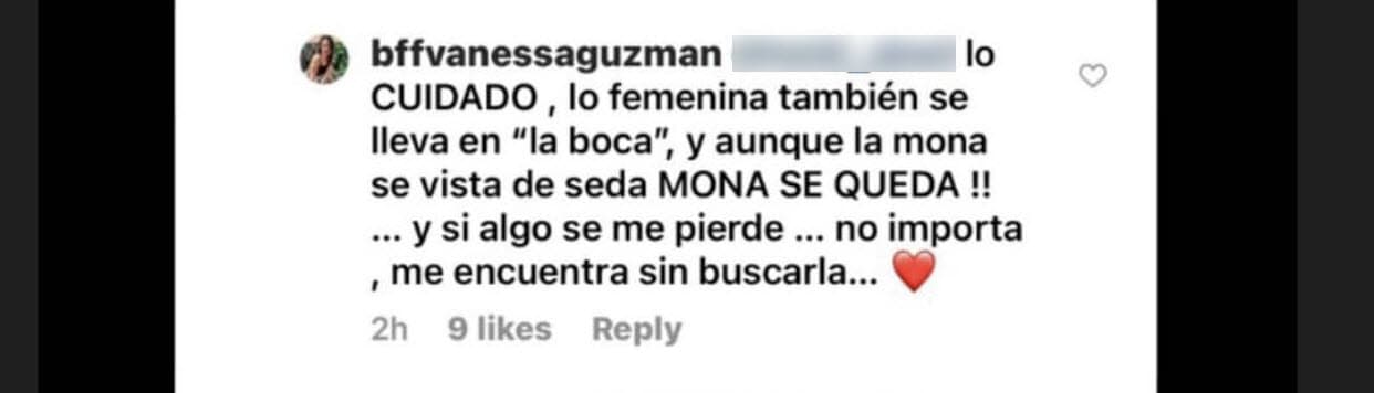 "Lo cuidado, lo femenina también se lleva en 'la boca', y aunque 
<b><a href="https://www.univision.com/famosos/asi-se-defendio-vanessa-guzman-de-quien-le-dijo-que-nunca-ha-sido-una-estrella-para-que-alguien-pueda-envidiarla-fotos" target="_blank">la mona se vista de seda, ¡mona se queda!</a></b> y si algo se me pierde, no importa. Me encuentran sin buscarla", le contestó. 
<br>