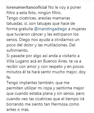 Lorena escribió un emotivo mensaje para el tatuador que le devolvió sus areolas y compartió la información para quienes, como ella, se enfrentaron al cáncer y necesitan que les terminen de reconstruir.