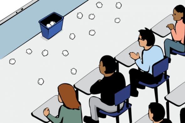 Los alumnos lanzaron sus bolas y muchos (pero no todos) de los estudiantes de delante consiguieron encestar, y solo unos pocos de los del fondo encestaron, como se esperaba.