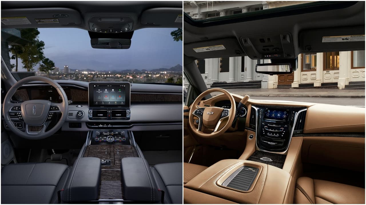 <h3 class="cms-h3-H3">Tablero.</h3>
<br>
<br>Este es otro aspecto en el que las dos escuelas de diseño que informan el aspecto de estas camionetas chocan diametralmente. Ambos diseños priorizan el espacio de almacenamiento y hacen lo posible para facilitarle la vida a sus ocupantes. La pantalla del sistema telemático en la Lincoln es más grande y está colocada a la misma altura de los instrumentos como lo ordenan las más reciente regulaciones europeas mientras que la pantalla de la Cadillac se eleva electrónicamente descubriendo un pequeño compartimiento secreto de almacenamiento.
<br>
<br>Ambos vehículos ofrecen una gran funcionalidad haciendo que la preferencia obedezca más a criterios subjetivos que objetivos. Sin embargo la consola central de dos pisos de la Lincoln Navigator merece una mención aparte por su belleza y funcionalidad.
<br>
<br>Imagen: Lincoln izquierda, Cadillac derecha.