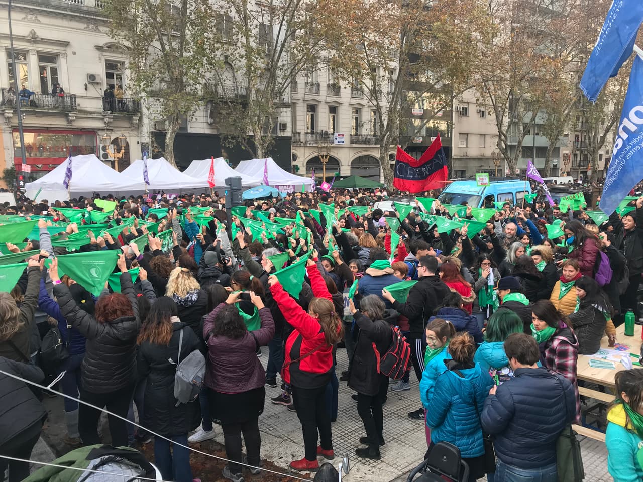 La Plaza del Congreso estuvo dividida entre la convocatoria "de los pañuelos verdes" por el despenalización del aborto y las asociaciones antiaborto que invocan el derecho del niño por nacer porque consideran que la vida empieza desde la concepción. Entre sus argumentos, quienes defienden el derecho de la mujer a decidir han tomado el discurso a favor de la educación sexual integral y la distribución gratuita de métodos anticonceptivos para la planificación familiar y evitar los abortos.