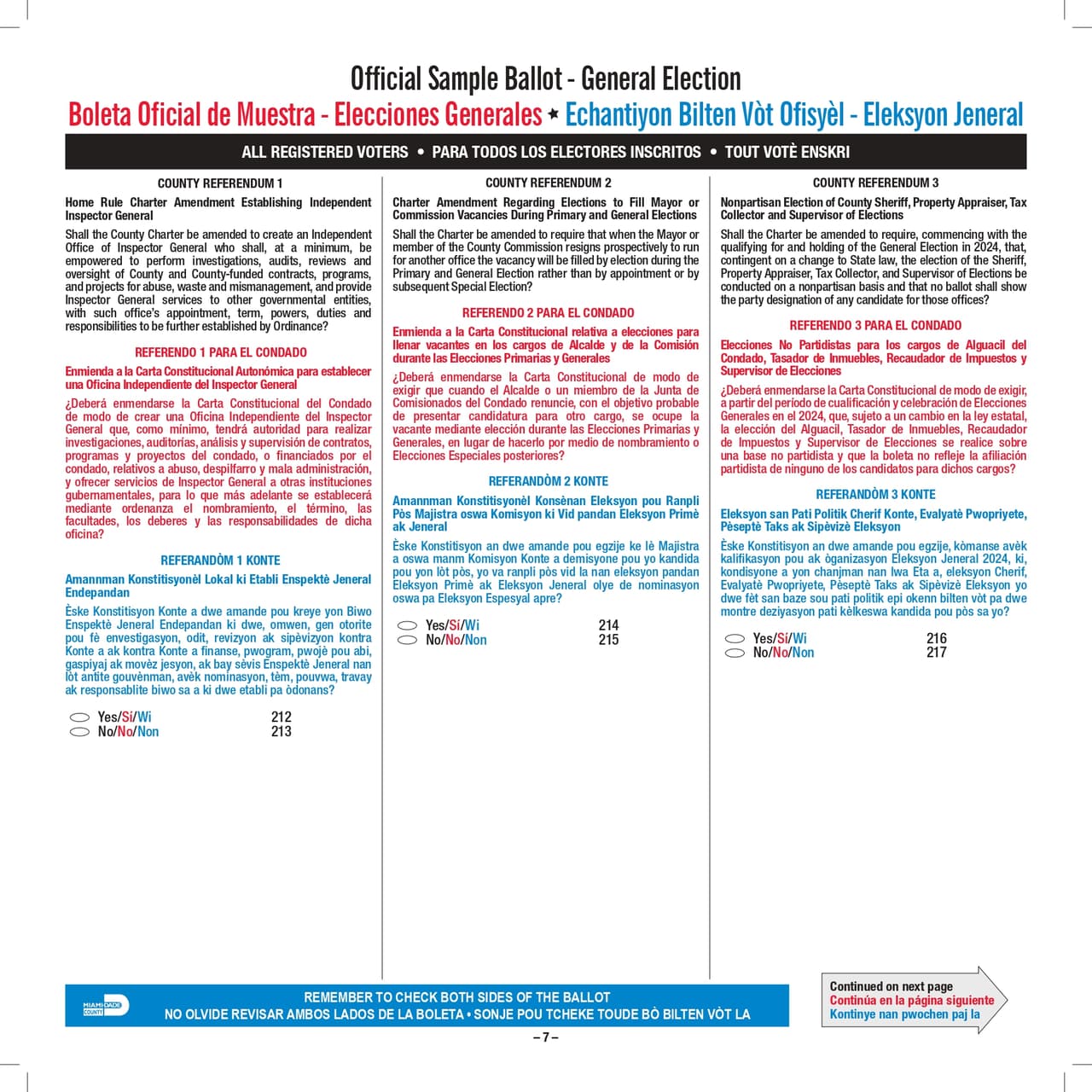 También se pregunta a los votantes si se permite que todos los electores voten en las Elecciones Primarias para cargos en la Asamblea Legislativa, en el Gabinete y como Gobernador, entre otros temas. Se pide su aprobación para que las enmiendas constitucionales por parte de los electores sean aprobadas en dos elecciones en vez de una. Usted puede descargar una muestra de la boleta haciendo clic 
<a href="https://www.miamidade.gov/elections/library/sample-ballots/2020-11-03-general.pdf">aquí</a>.
<br>