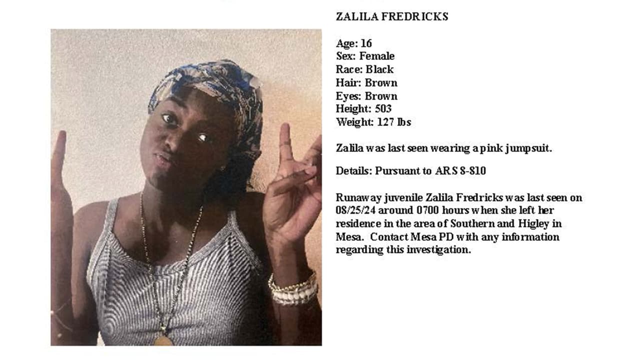 <b>Zalila Fredricks, </b>de 16 años, es una mujer afroamericana de cabello castaño y ojos marrones. Mide 5 pies 3 pulgadas de alto y pesa 127 libras. Zalila fue vista por última vez con una camiseta rosa.