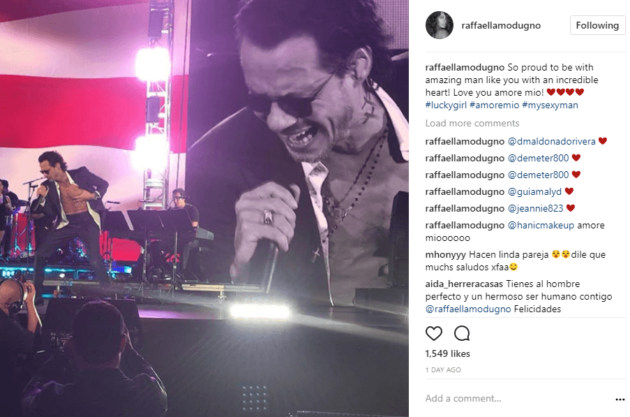 Raffaella Modugno capturó el instante en que su amado novio interpretaba de manera apasiada el tema 'Preciosa', y además, la modelo dejó en claro una declaración de amor hacia este boricua. En la imagen compartida a través de la cuenta oficial de Instagram de Raffaella se puede leer: "Muy orgullosa de estar con un hombre tan maravilloso como tú con un corazón increíble! Te amo, amor mío".