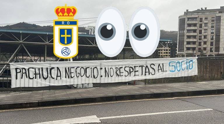 Afición del Real Oviedo coloca mantas en contra de Grupo Pachuca