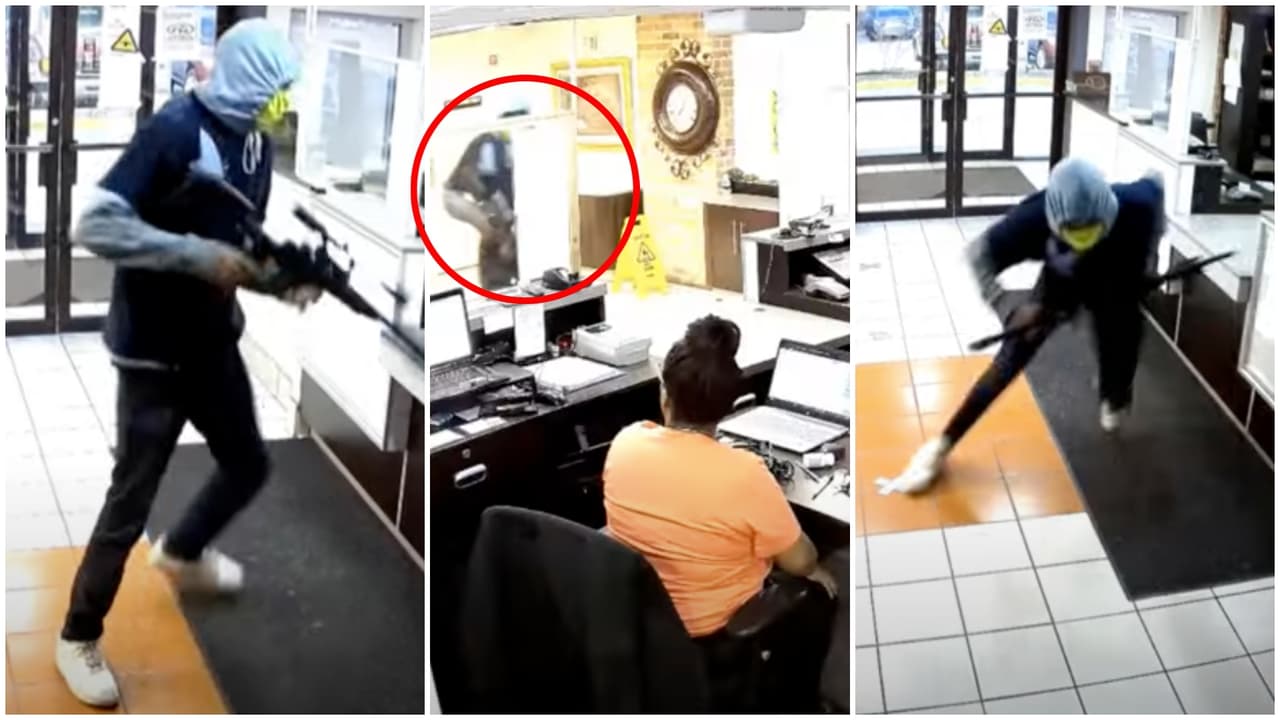 Sospechoso intenta robar con un rifle a una recepcionista y esta lo saca a punta de pistola 