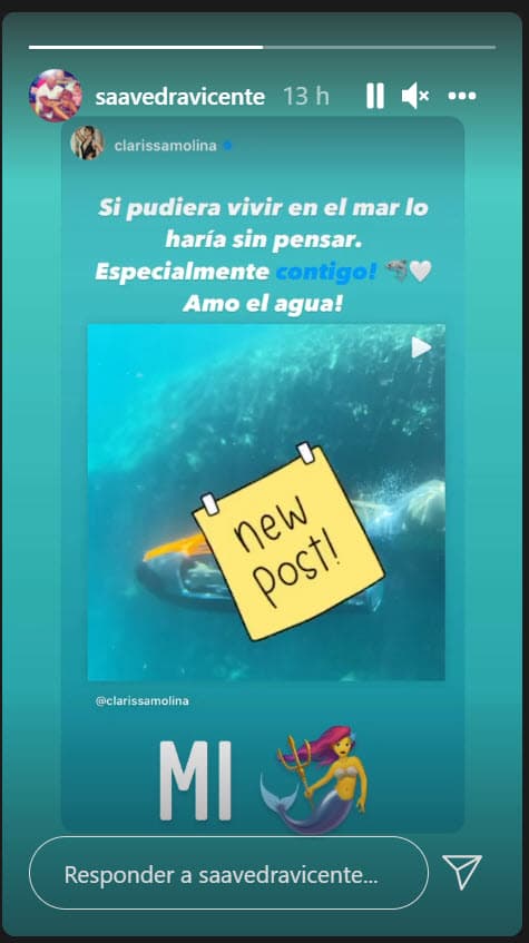 En uno de los videos cortos que publicó en sus historias, no mencionó a su novio, pero parece haberle dedicado unas palabras. Saavedra las retomó en su cuenta de Instagram y con un emoticono le escribió: "Mi sirena".
<br>