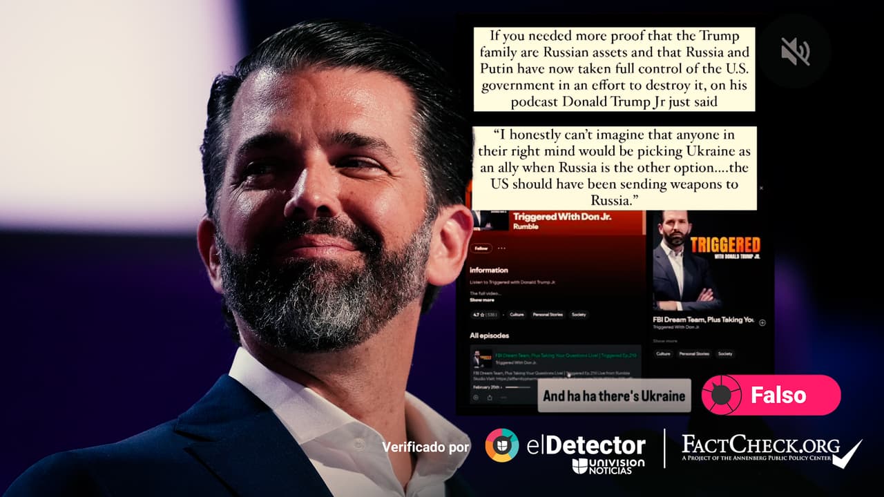 Publicaciones comparten audio falso de Donald Trump Jr. supuestamente apoyando armas para Rusia en lugar de Ucrania