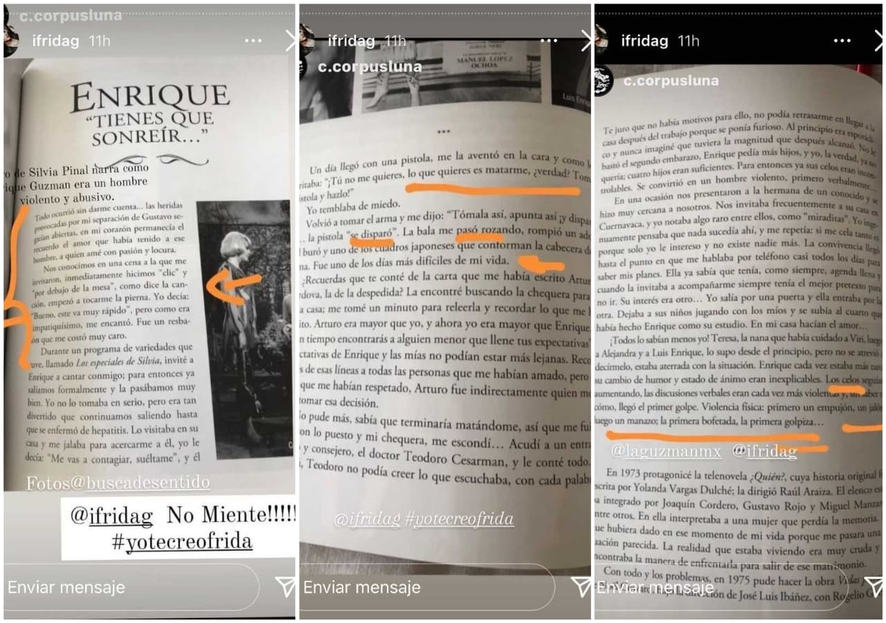 "Un día
<b>llegó con una pistola</b>, me la aventó en la cara y como loco gritaba: ¡Tú no me quieres, lo que quieres es matarme, ¿verdad? Toma la pistola y hazlo". Guzmán le mostró cómo apretar el gatillo y el arma "se disparó", "la bala me pasó rozando", narra Pinal.
<br>