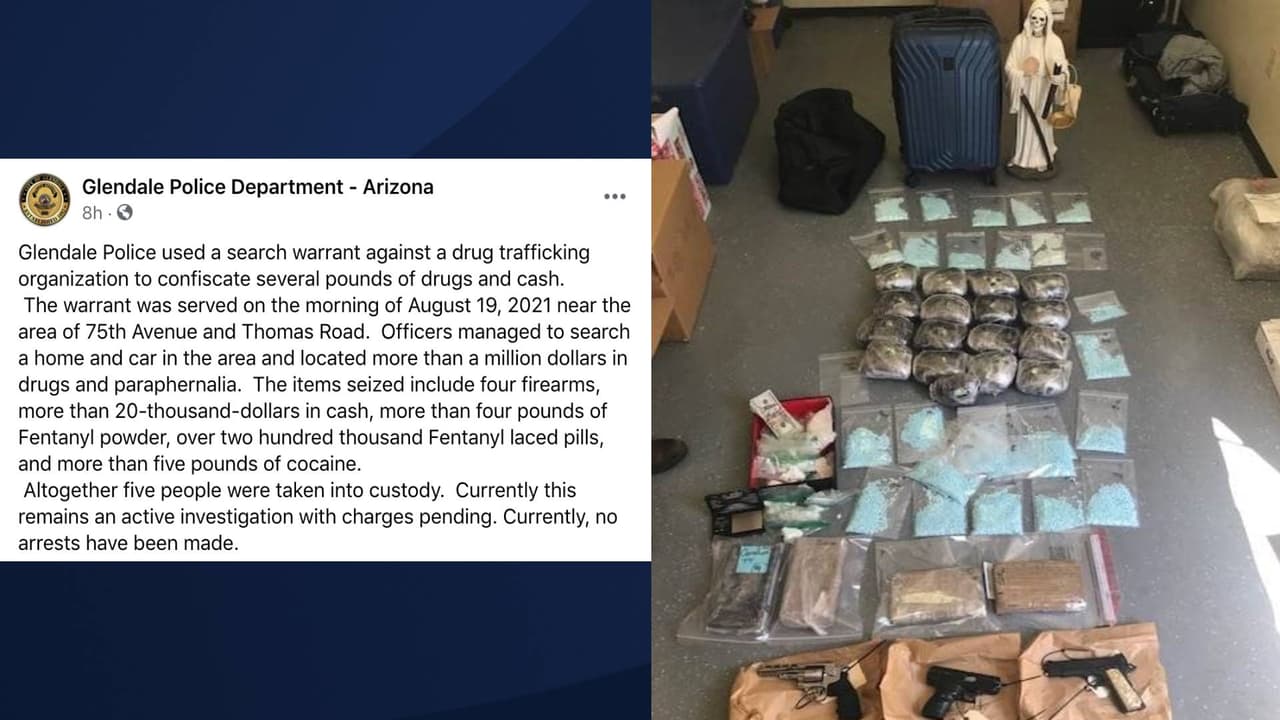 La policía de Glendale reporta que incautaron: cuatro armas de fuego, más de $20,000 en efectivo, más de cuatro libras de fentanilo en polvo, más de 200,000 pastillas mezcladas con fentanilo y más de cinco libras de cocaína.