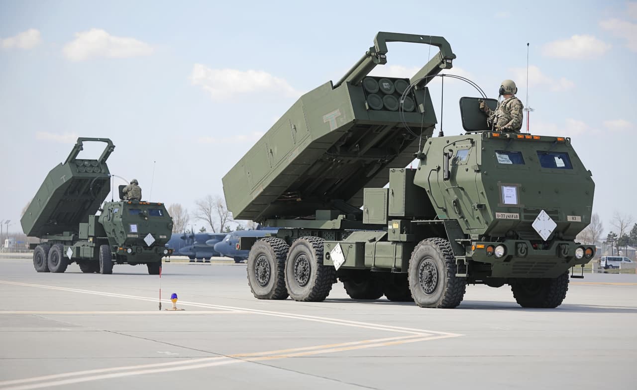 Two U.S.-made M142 HIMARS (High Mobility Artillery Rocket System) shown here here, April 10, 2021, being deployed by the U.S. Airforce from Germany to the Romanian Coast during a training exercise.