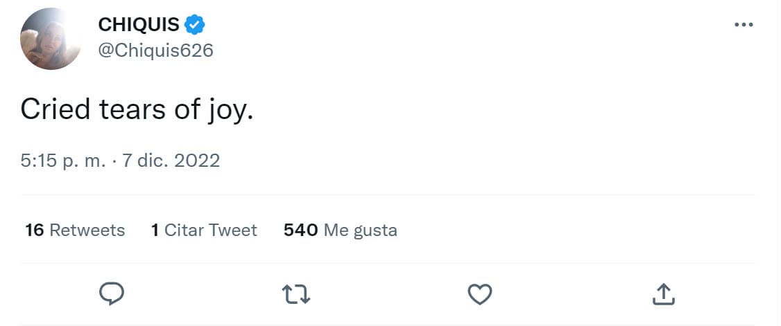 En otro tuit, confesó que lloraba
<b> "lágrimas de alegría"</b>.
<br>