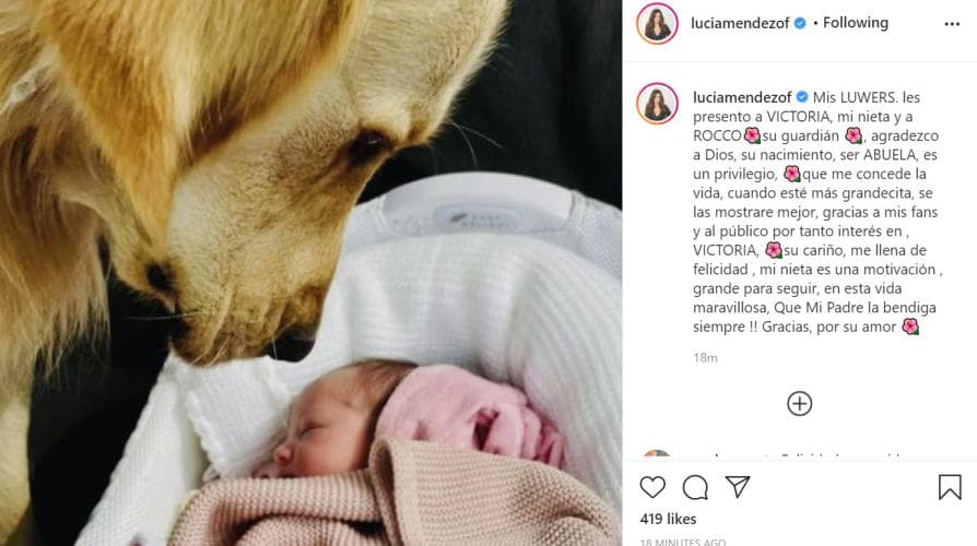 Fue hasta el 10 de enero que Lucía Méndez anunció en Instagram que su nieta había nacido: "Les presento a Victoria, mi nieta, y a Rocco, su guardián, agradezco a Dios su nacimiento. Ser abuela es un privilegio que me concede la vida, cuando esté más grandecita se las mostrare mejor, gracias a mis fans, al público y los medios de comunicación por su interés en Victoria. Su cariño me llena de felicidad , mi nieta es una motivación grande para seguir en esta vida maravillosa. ¡Que mi padre la bendiga siempre! Gracias por su amor".