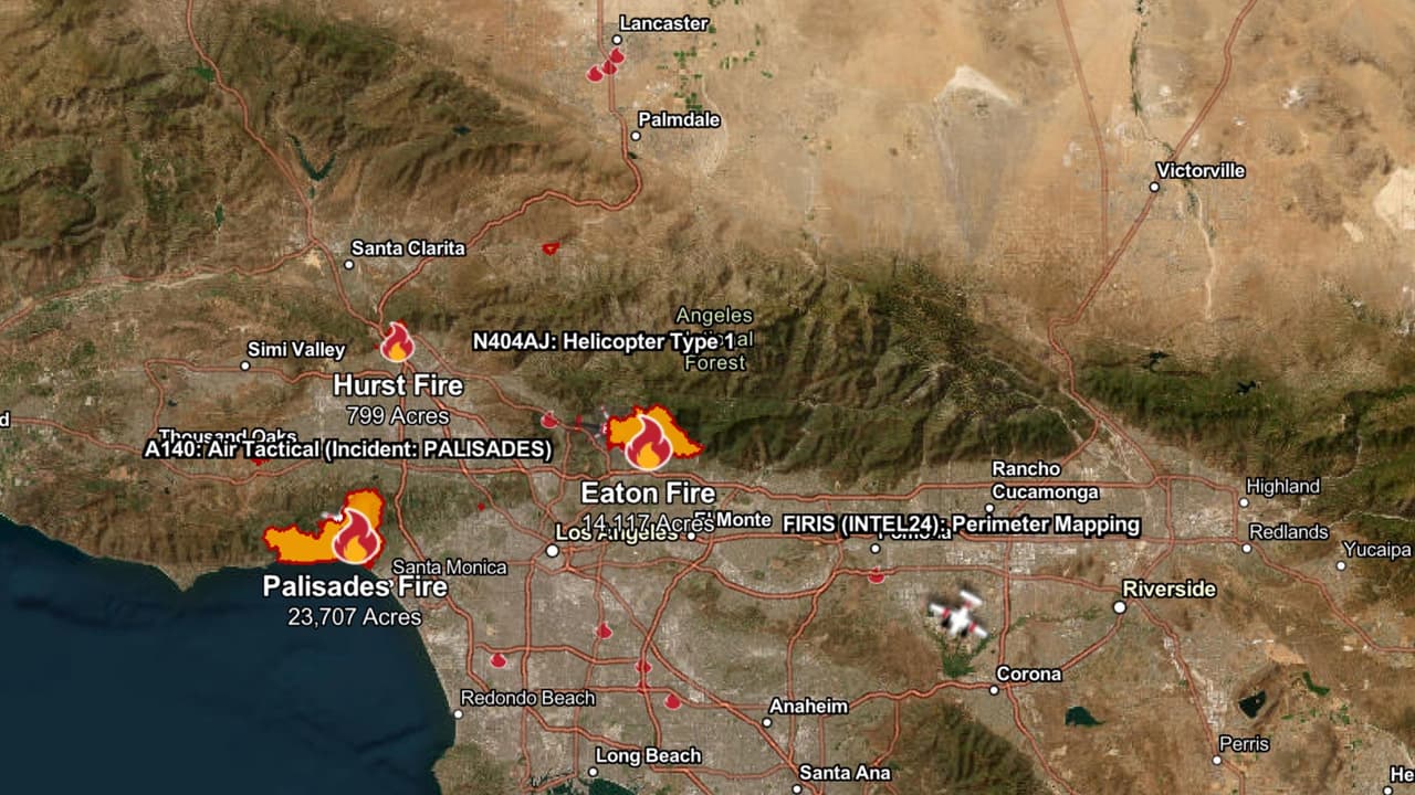 Mapa de los incendios en el sur de California hasta este domingo 12 de enero del 2025.