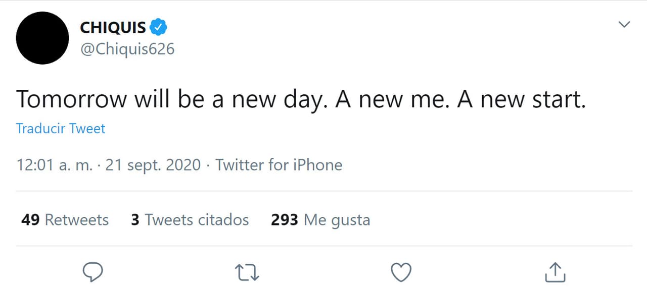 La aparente noche de despecho la cerró con otra serie de mensajes en las que mostró su estado vulnerable. "Mañana será un nuevo día. Un nuevo yo. 
<b><a href="https://twitter.com/Chiquis626/status/1307907818440122368" target="_blank">Un nuevo comienzo</a></b>". 
<br>