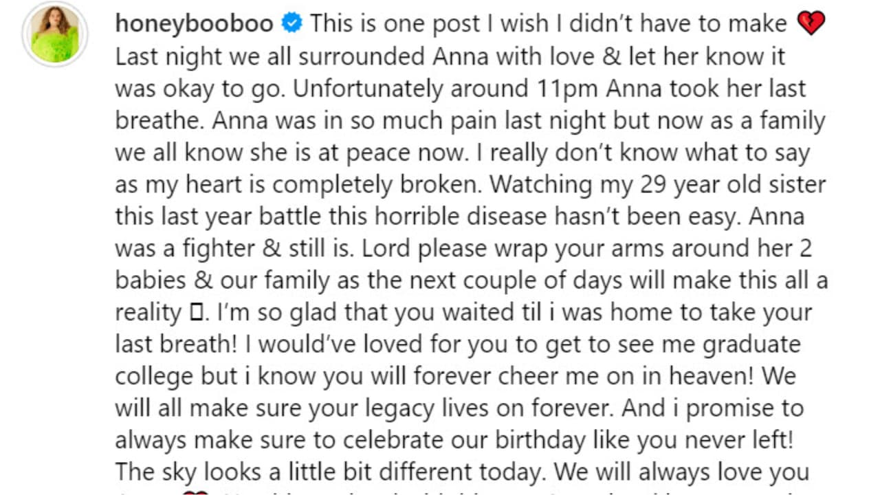 Alana 'Honey Boo Boo' Thompson también despidió así a su hermana Anna.