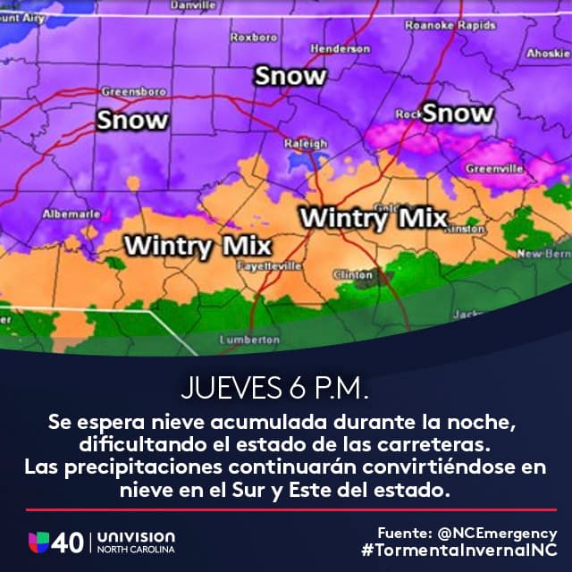 Se espera nieve acumulada durante la noche, dificultando el estado de las carreteras. Las precipitaciones continuarán convirtiéndose en nieve en el Sur y Este del estado.