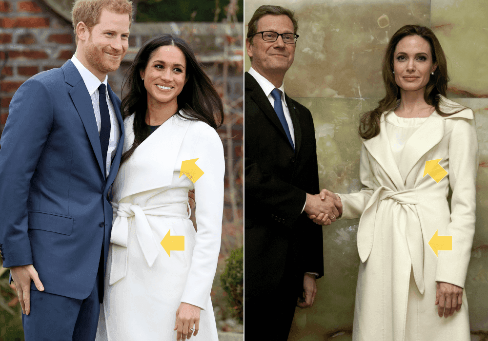 <b>ABRIGO SARTORIAL BLANCO: Angelina 2012 / Meghan 2017</b>
<br>Para una reunión diplomática para discutir su rol como Embajadora de Buena Voluntad de Naciones Unidas en Berlín, Angelina Jolie eligió un abrigo de lana blanco atado a la cintura del diseñador Carmen Marc Valvo. Una pieza igual de formal que la que llevó Meghan en 2017 para
<a href="https://www.univision.com/entretenimiento/realeza/todos-y-cada-uno-de-los-outfits-de-meghan-desde-que-empezo-a-coderase-con-la-realeza-fotos">anunciar su compromiso</a> con Harry. El de ella era de ‘Line The Label’, también con solapa ancha y atado al frente.