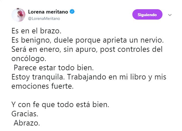 Además, el 31 de octubre de 2018 Lorena aclaró que se encontraba tranquila y trabajando en su nuevo libro.