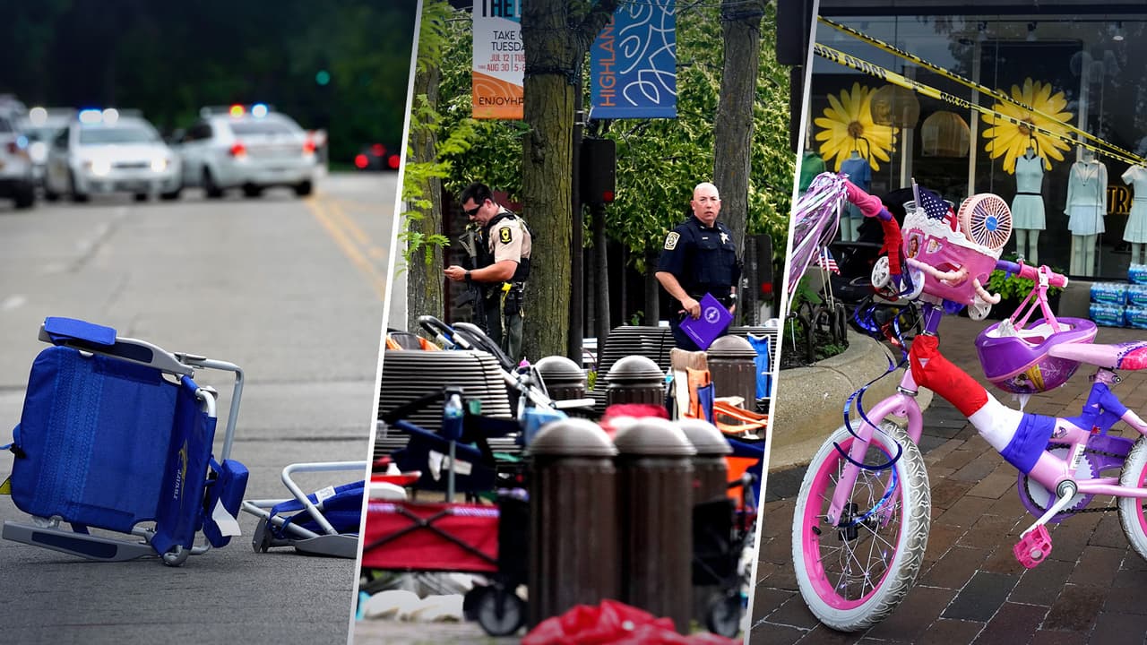 Carriolas, banderas y carritos abandonados: imágenes impactantes de la calle donde fue el tiroteo de Highland Park