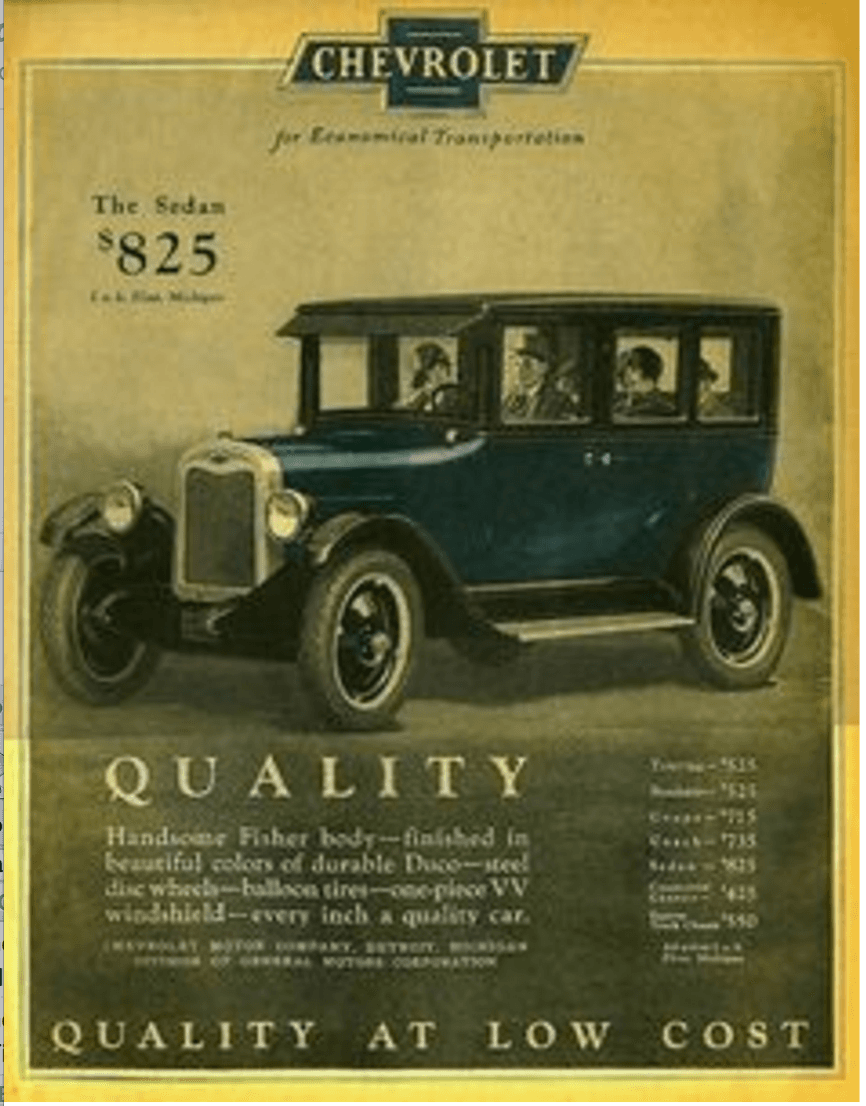 El piloto suizo Louis Chevrolet ganó la suficiente fama corriendo para Buick, para conseguir el financiamiento suficiente para en 1911 fundar la famosa casa constructora de automóviles que llevaría su nombre. En poco tiempo Chevrolet se convirtió en la pieza fundamental del imperio de General Motors. En el aviso vemos un hermoso auto cerrado Chevrolet de 1915.