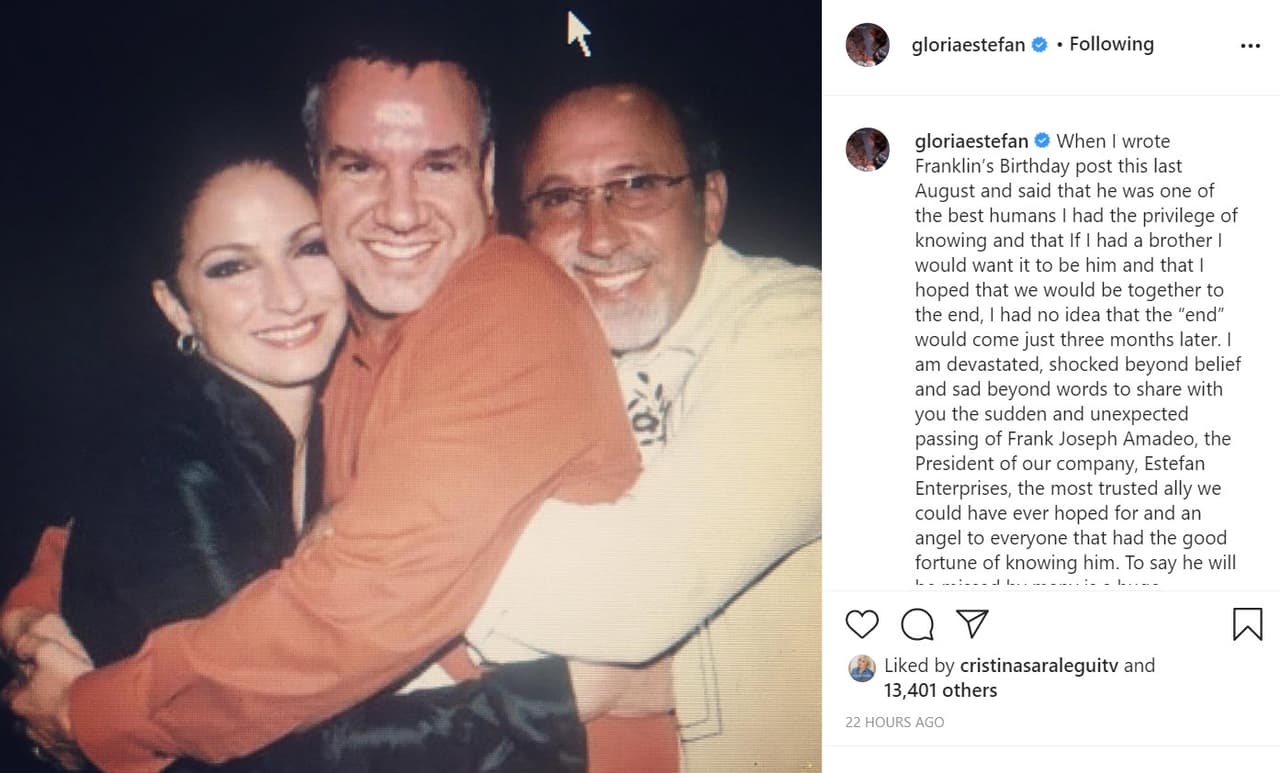 "
<b><a href="https://www.instagram.com/p/CItMK11lKwE/" target="_blank">Estoy devastada, en shock</a></b>, y más triste que las palabras pudieran expresar al compartir con ustedes la pérdida repentina e inesperada de Frank Joseph Amadeo", escribió la cantante.
<br>