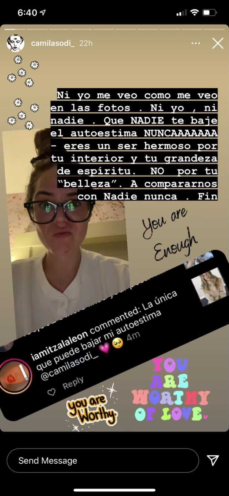 La sobrina de Thalía de inmediato tomó el comentario y sus stories para publicar su posicionamiento al respecto: "Ni yo me veo como me veo en las fotos. Ni yo, ni nadie. Que nadie te baje el autoestima nunca", señaló.