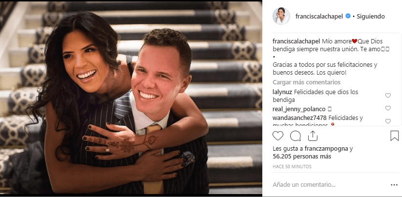 Minutos después de haber concluido la llamada telefónica, fue Francisca quien publicó esta fotografía junto a su amado Francesco y el mensaje "Mío amore❤️ Que Dios bendiga siempre nuestra unión. Te amo".