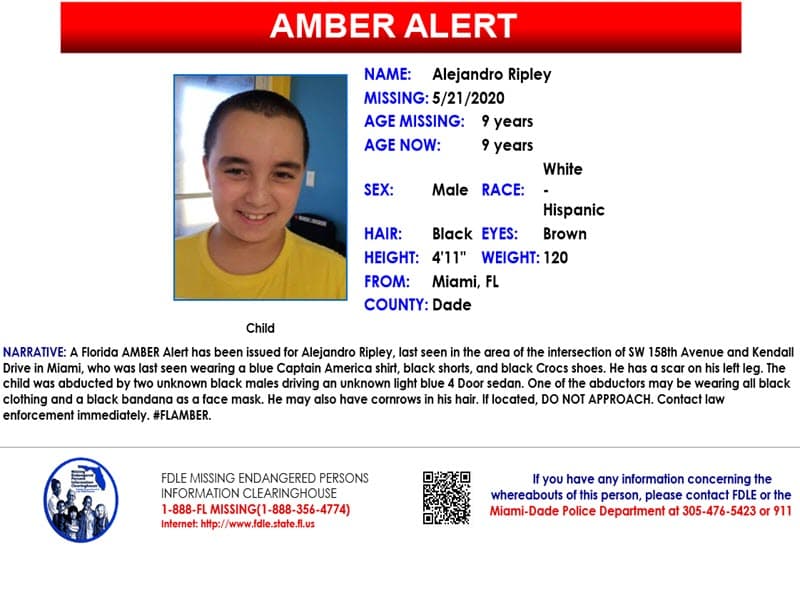 El Departamento de Cumplimiento de la Ley de Florida dijo que se trataba de Alejandro Ripley, un niño autista de 9 años, por quien se había emitido una Alerta Amber el jueves en la noche.