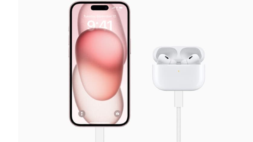 Los usuarios de iPhone 15 pueden cargar los AirPods Pro (segunda generación) o Apple Watch actualizados directamente desde su iPhone con el nuevo conector USB-C.