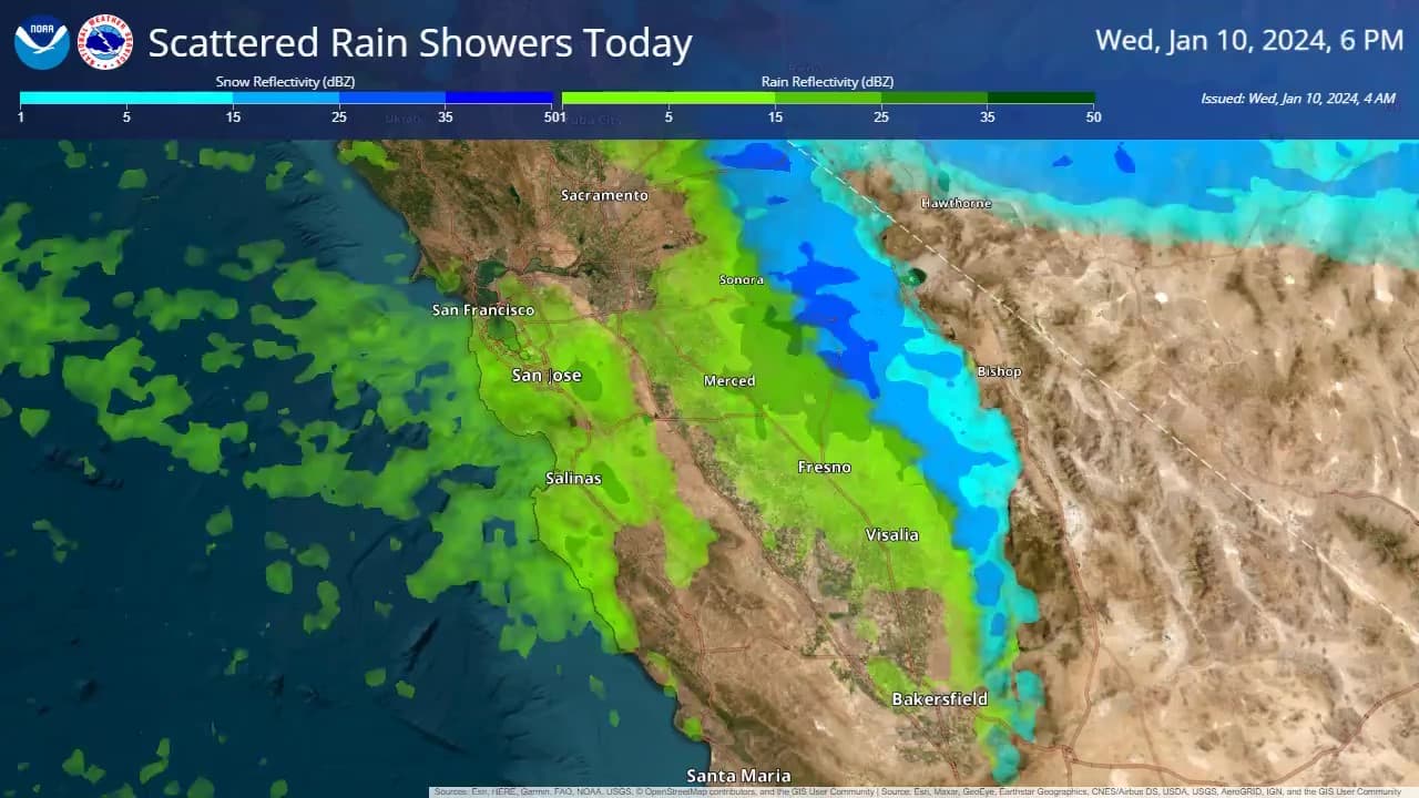 Para las 6 pm, las lluvias serán más escasas en San Francisco, pero se mantienen de leves a moderadas en gran parte del sur, Este y Oeste de la Bahía. También persisten en el Valle Central de California, llegando incluso hasta Bakersfield.