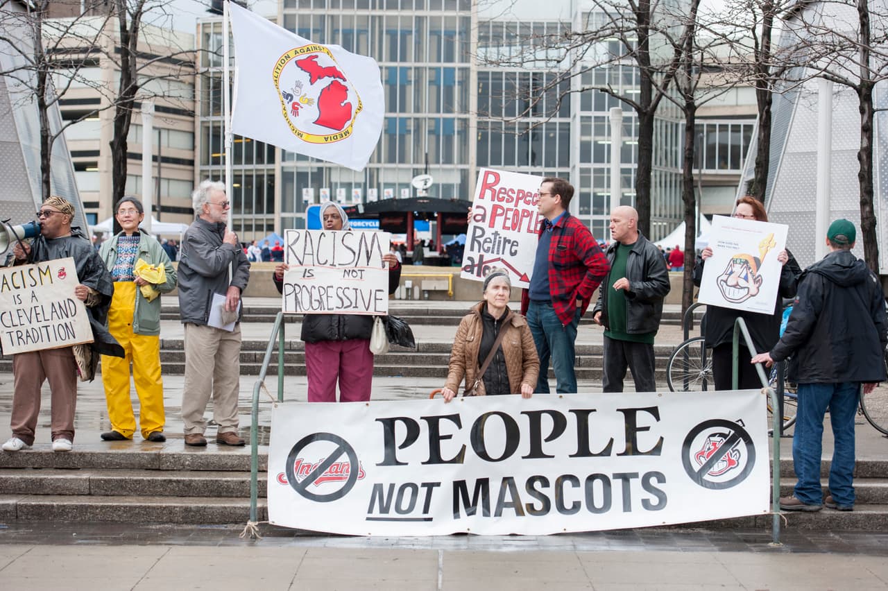 CLEVELAND, OH - APRIL 4: Protestors voice their opinion about Cleveland Indians mascot Chief Wahoo outside Progressive Field prior to the game between the Cleveland Indians and the Minnesota Twins on April 4, 2014 in Cleveland, Ohio. (Photo by Jason Miller/Getty Images)