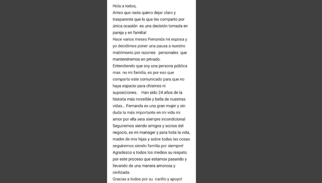 En este extenso escrito, Raúl Araiza comunica a sus seguidores qué pasos ha tomado junto a Fernanda Rodríguez, a quien describió como "una gran mujer y sin duda la más importante" en su vida.
