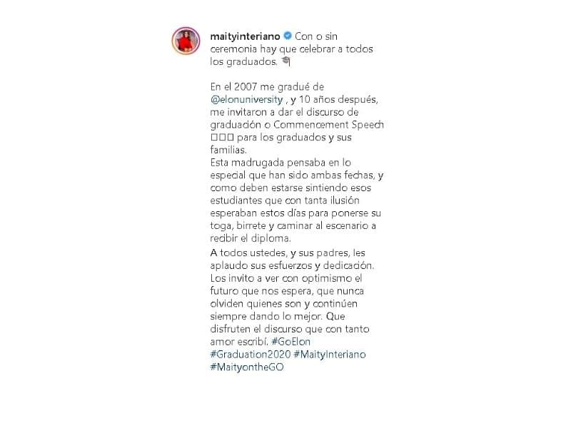 Con este mensaje, la periodista de raíces hondureñas felicitó a los jóvenes que se graduaron en medio de la pandemia y aplaudió su esfuerzo por el reto conquistado, a pesar de las adversidades de la época.
