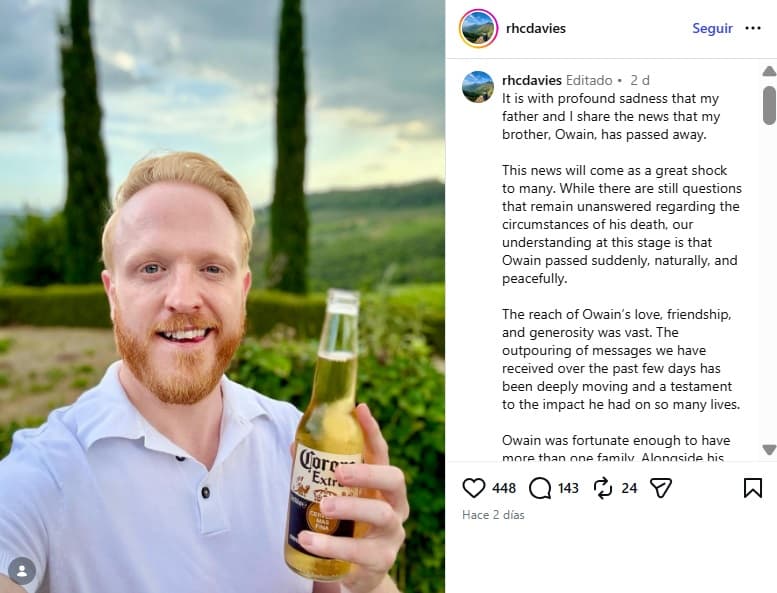 Hermano de Owain Rhys Davies compartió este mensaje en Instagram.