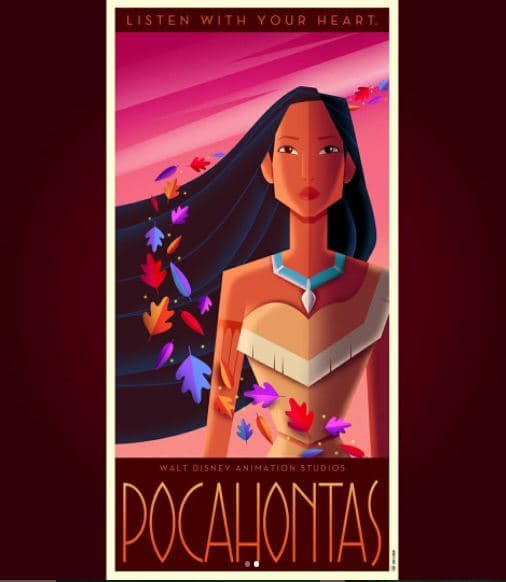 <b>'Pocahontas'</b>
<br>En este póster David G. Ferrero hizo uso de otro elemento característico del art déco: las curvas. Así logró combinar las simbólicas hojas de árbol en 'Pocahontas' con la estética.