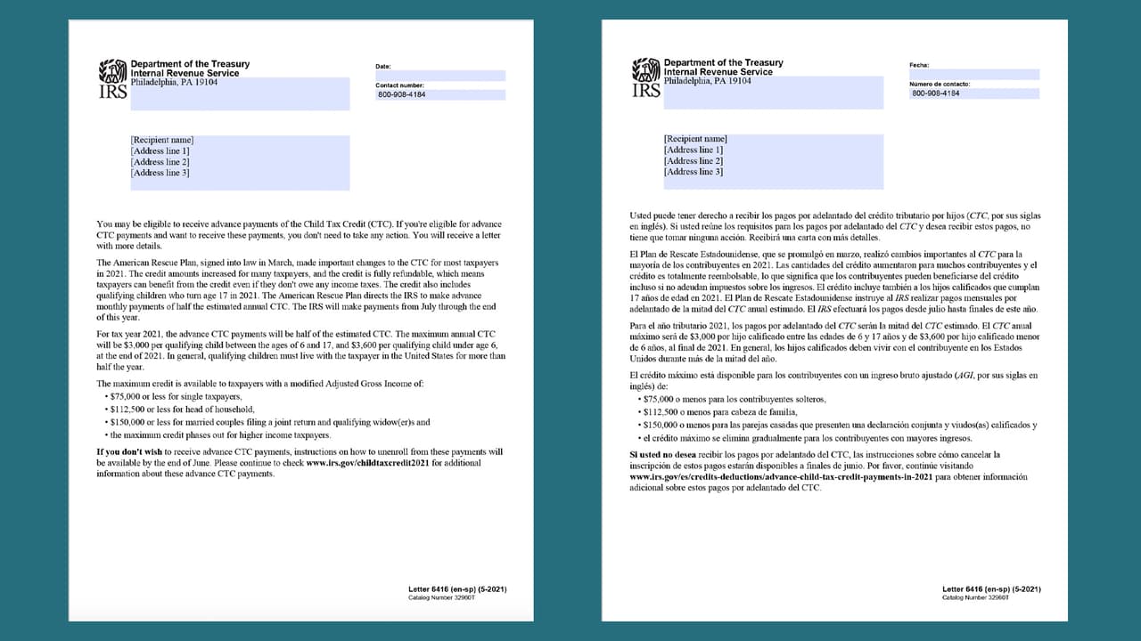 En la carta se le dice a la persona que "puede tener derecho. a recibir los pagos por adelantado del crédito tributario por hijos". La misiva viene tanto en inglés como español.