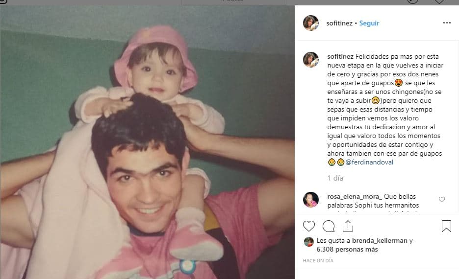 Este pasado Día del Padre, la joven demostró el apoyo que le da a su papá y posteó esta imagen acompañada del texto: "Felicidades 'pa´ ' más por esta nueva etapa en la que vuelves a iniciar de cero y gracias por esos dos nenes que aparte de guapos sé que les enseñarás a ser unos ching... (no se te vaya a subir), pero quiero que sepas que esas distancias y tiempo que impiden vernos los valoro. Demuestras tu dedicación y amor […] ".