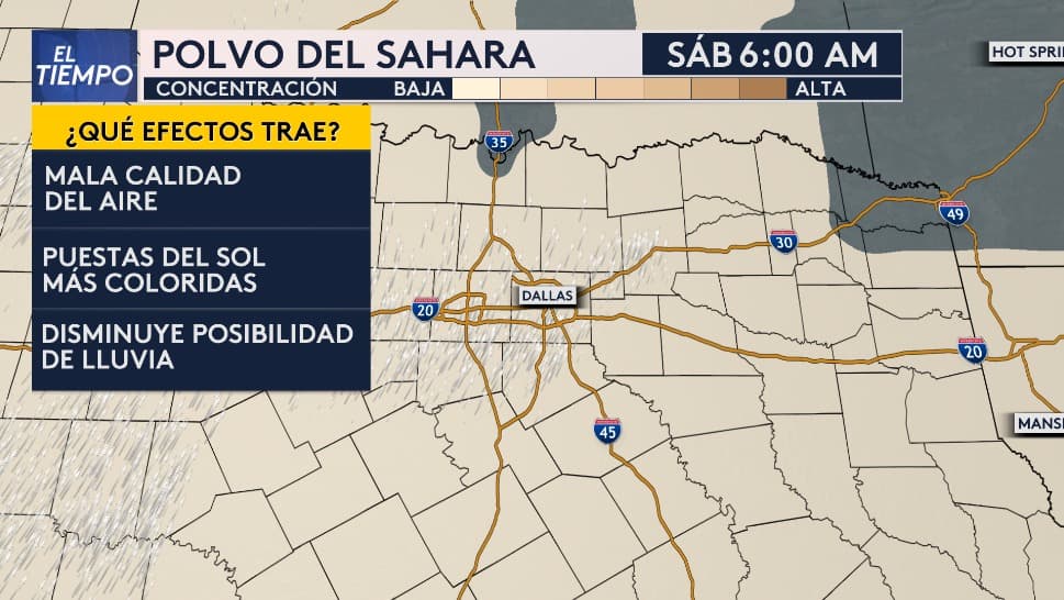 Esta es la concentración del Polvo del Sahara en el norte de Texas, podrá traer puestas de sol más coloridas, pero también mala calidad del aire.