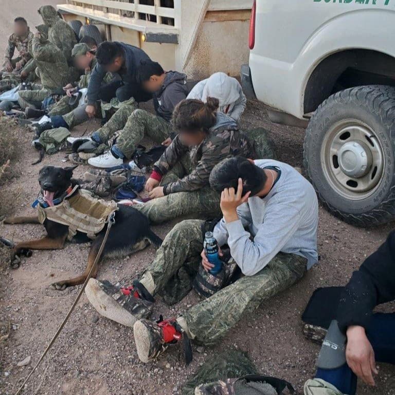 Grupo de inmigrantes detenido por agentes de la estación Brian Terry. En paradas de tráfico o en el campo, los perros entrenados K9 son un apoyo fundamental para los agentes. Un K9 y sus agentes de cuidado ayudaron con 319 detenciones solo en octubre y noviembre.