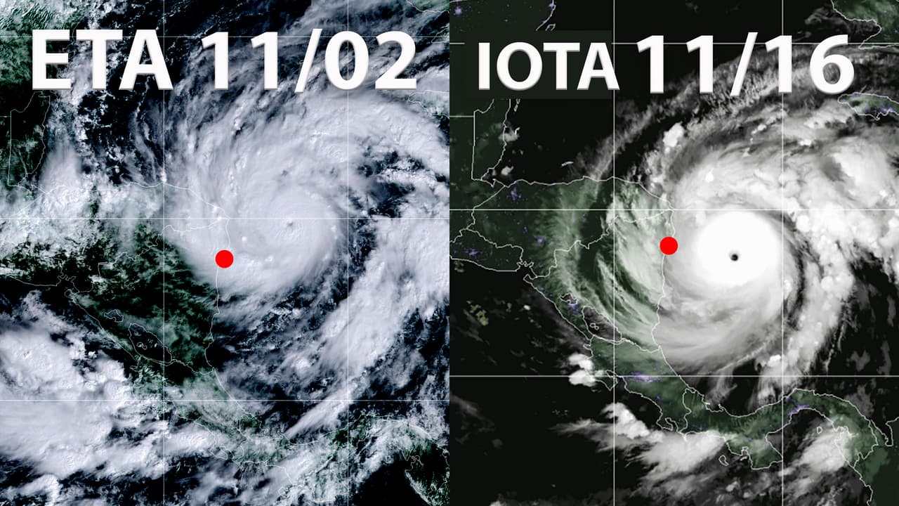 Este gráfico muestra a los huracanes algunas horas antes de tocar tierra muy cerca de Puerto Cabezas (el punto rojo en las imágenes). Los meteoros se debilitaron como suele ocurrir cuando tocan tierra, pero la cantidad de lluvia que dejaron a su paso fue devastador. Causaron deslaves e inundaciones mortales a su paso por Nicaragua, Honduras, Guatemala y México.
<br>
