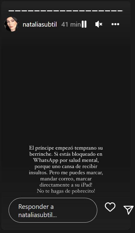 "Si estás bloqueado en WhatsApp 
<b>(es) por salud mental</b>", escribió Subtil en sus historias de Instagram. 
<br>