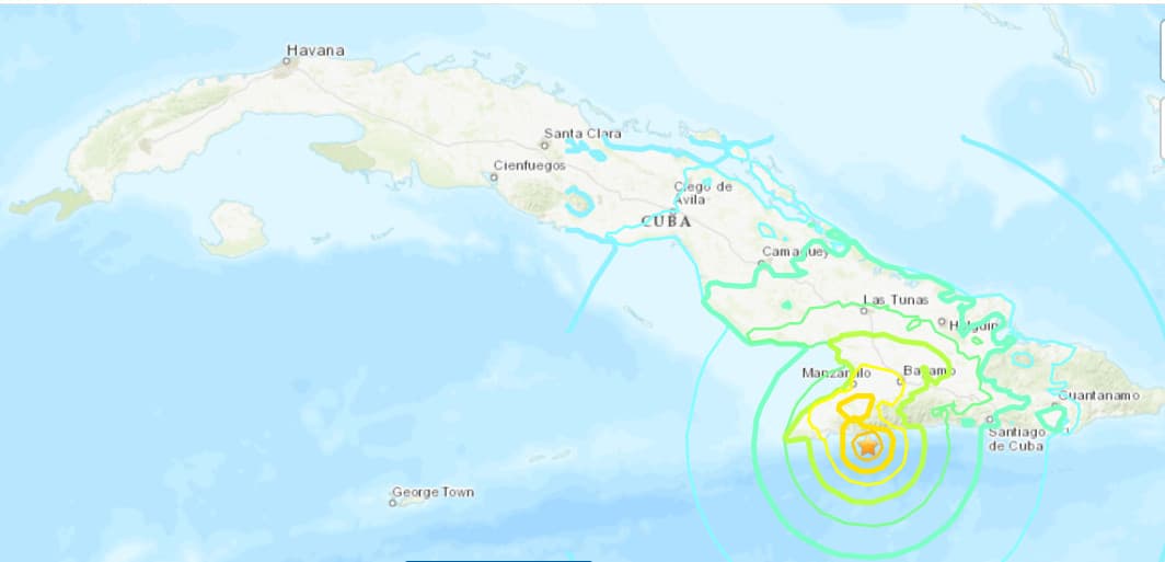 Epicentro del terremoto de magnitud 6.8 de este domingo, en el sur de la Sierra Maestra de Cuba.