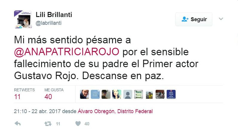 La actriz y conductora,
<b>Lili Brillanti</b>, le mandó a
<b><a href="http://www.univision.com/temas/ana-patricia-rojo">Ana Patricia</a></b> unas palabras de aliento por la sensible muerte de su parte, pues como es bien sabido padre e hija eran inseparables.