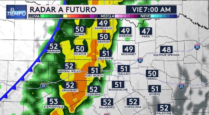 En el radar a futuro se observa cómo las lluvias pasarán por el oeste del Metroplex a las 7:00 am. Afectarán principalmente a Decatur, Mineral Wells, Granbury y entrarán por Fort Worth.