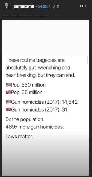 Incluso, en sus historias de Instagram el protagonista de 'La fea más bella' compartió algunos datos relevantes relacionados con tiroteos masivos en EEUU.