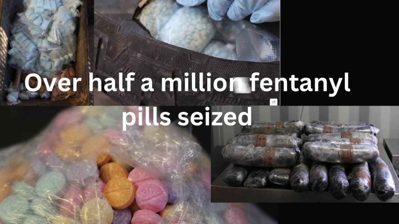 Los oficiales de CBP en el PDE de Nogales descubrieron 2 cargas, ambas ocultas en llantas de refacción. Una carga contenía aprox. 262,000 pastillas de fentanilo, de las cuales unas 10,000 eran de los colores del "arcoíris", y 1,9 libras de heroína. La segunda carga tenía aproximadamente 250.000 pastillas de fentanilo.