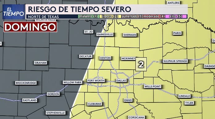 El riesgo de tiempo severo para este domingo en el norte de Texas es de nivel 2 en la escala de 5 para la mayoría de los condados de Metroplex.